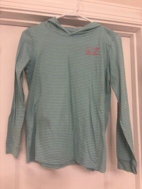 Vineyard Vines Teal with Lime Stripe Polo Hoodie-Girls Large